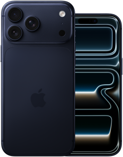 Side by side, iPhone 17 Pro Max, back exterior, Pro camera system, three lenses, microphone, flash, Deep Blue finish, iPhone 17 Pro, front exterior all screen design, Deep Blue finish