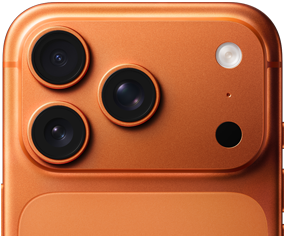 iPhone 17 Pro, Cosmic Orange partial back exterior, Pro camera system in top left corner, three lenses, microphone, flash